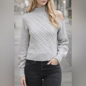 Express Gray Cable Knit Cold Shoulder Mock Neck Sweater XS